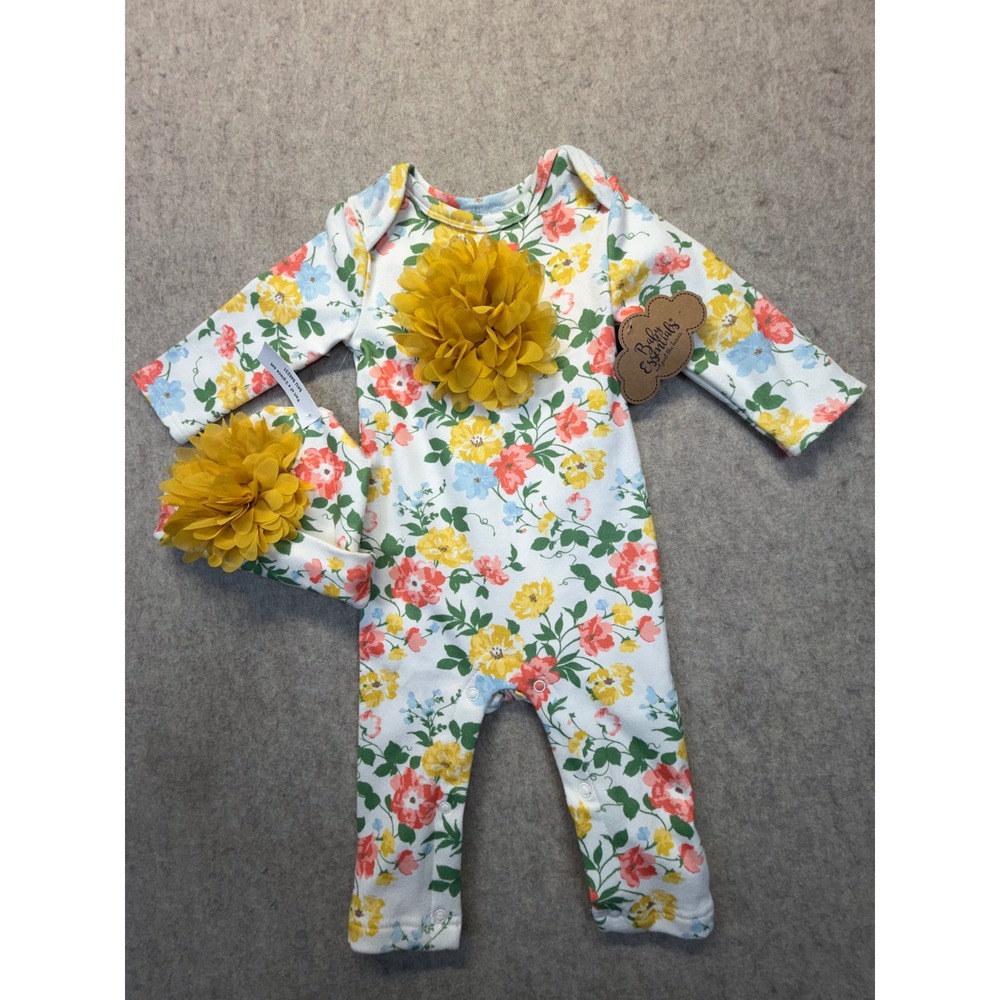 Baby Essentials Floral Romper and Hat Set Girls 12M Multi Color Petal Detail